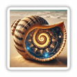 Close-up of a spiral shell with a miniature city inside, titled Galactic Shipwreck Spaceship Ruins Inside a Seashell, available as stickers or digital artwork.