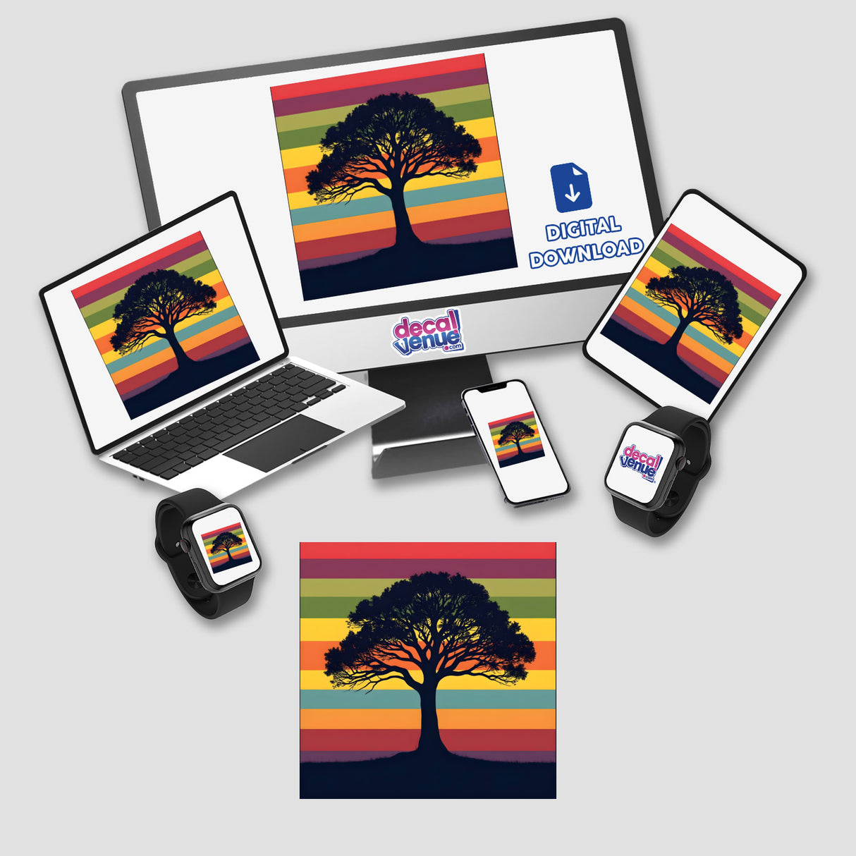 Tree of Life Silhouette with Bold Stripes displayed on various devices, including a computer monitor and laptop, available as stickers or digital artwork.