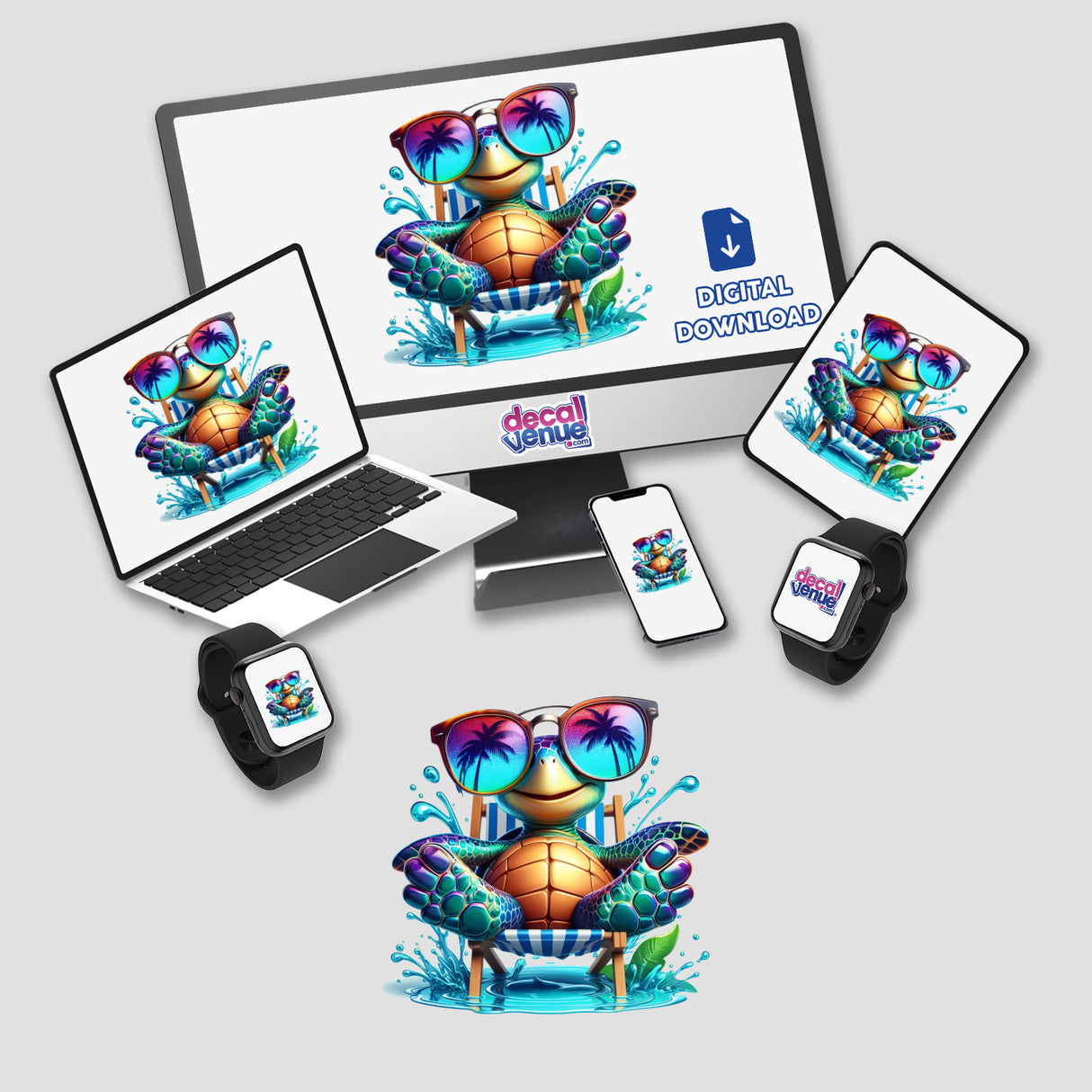 Happy Sea Turtle Sitting in Beach Chair displayed on a computer monitor and laptop, showcasing vibrant digital artwork of a turtle wearing sunglasses. Available as stickers or digital artwork.