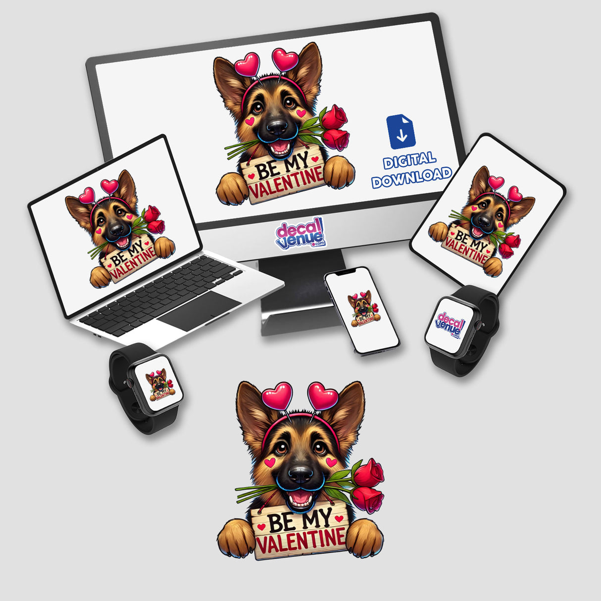 German Shepherd Be My Valentine design featuring a dog with hearts on digital screens, available as stickers or digital artwork, perfect for unique gifting from Decal Venue.