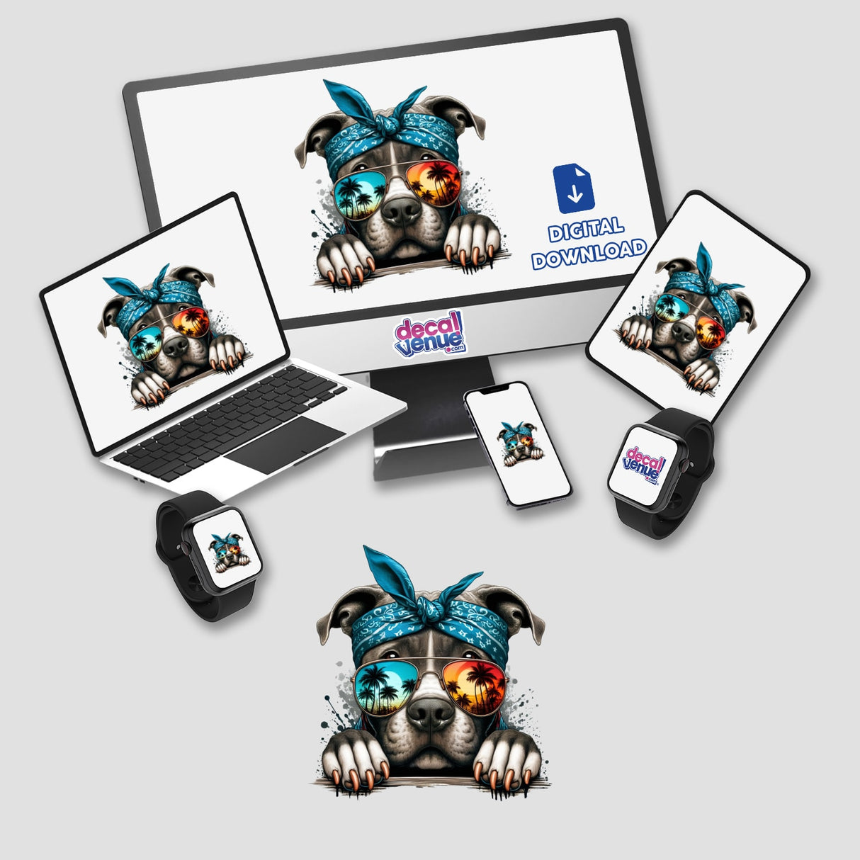 Tupac Style Pitbull Dog illustration featuring a pitbull wearing sunglasses and a bandana, displayed on a laptop, available as stickers or digital artwork from Decal Venue.