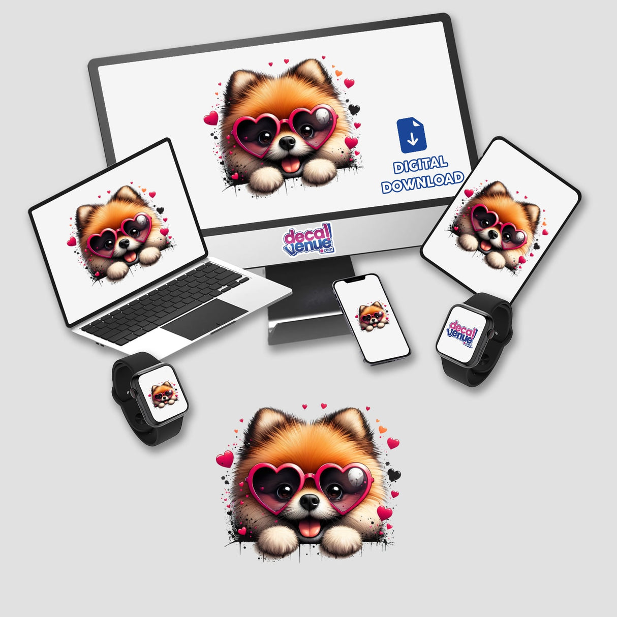 Peeking Pomeranian Hearts sticker or digital art features an adorable Pomeranian peering playfully through heart shapes, capturing the charm and whimsy of Decal Venue's unique vinyl and digital creations.