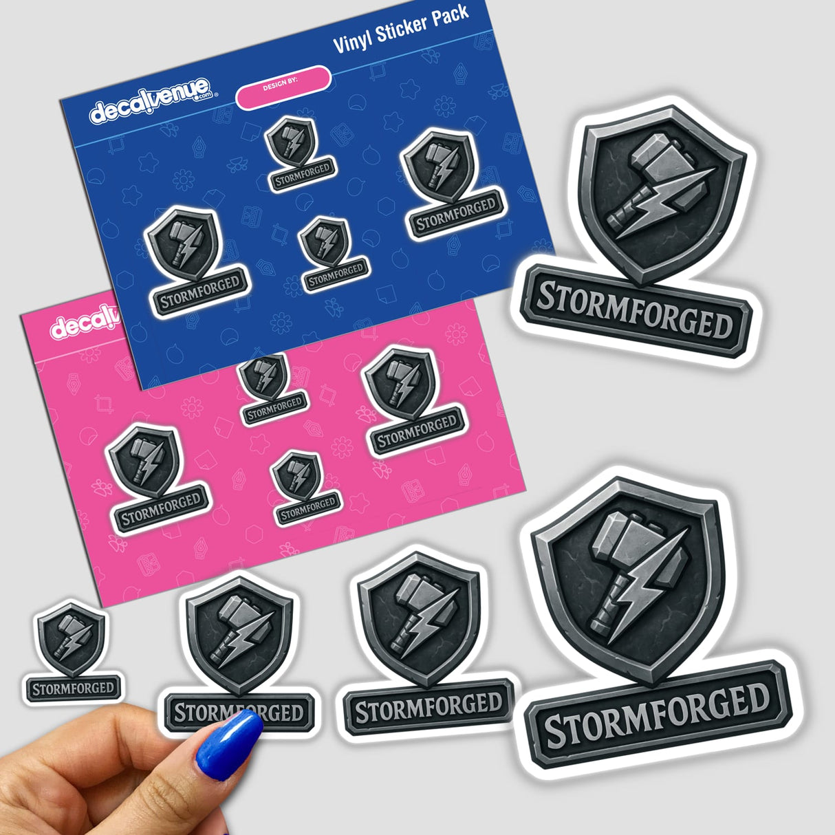 Stormforged RPG-Style Skill Badge showcases a detailed Silver & Gray Thunder Hammer Crest, available as both a sticker and digital artwork, embodying Decal Venue's unique vinyl and digital art offerings.