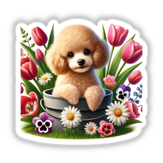 Poodle Dog Peeking Out of Flower Pot