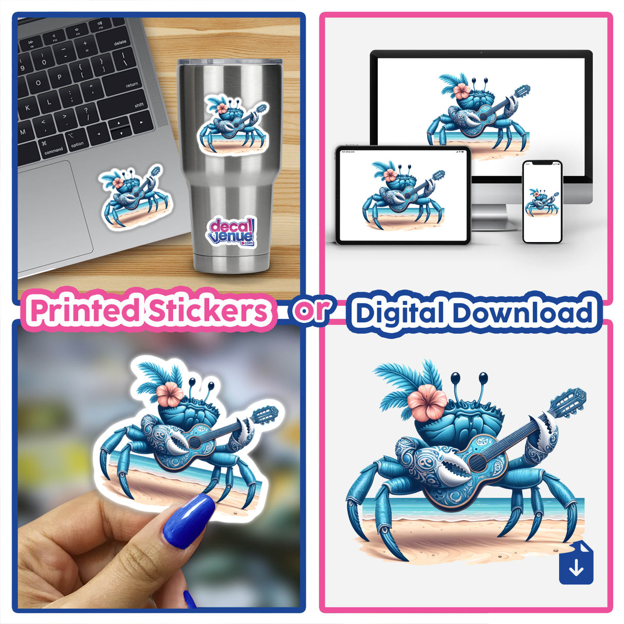 Blue Sand Crab Playing Guitar on Beach