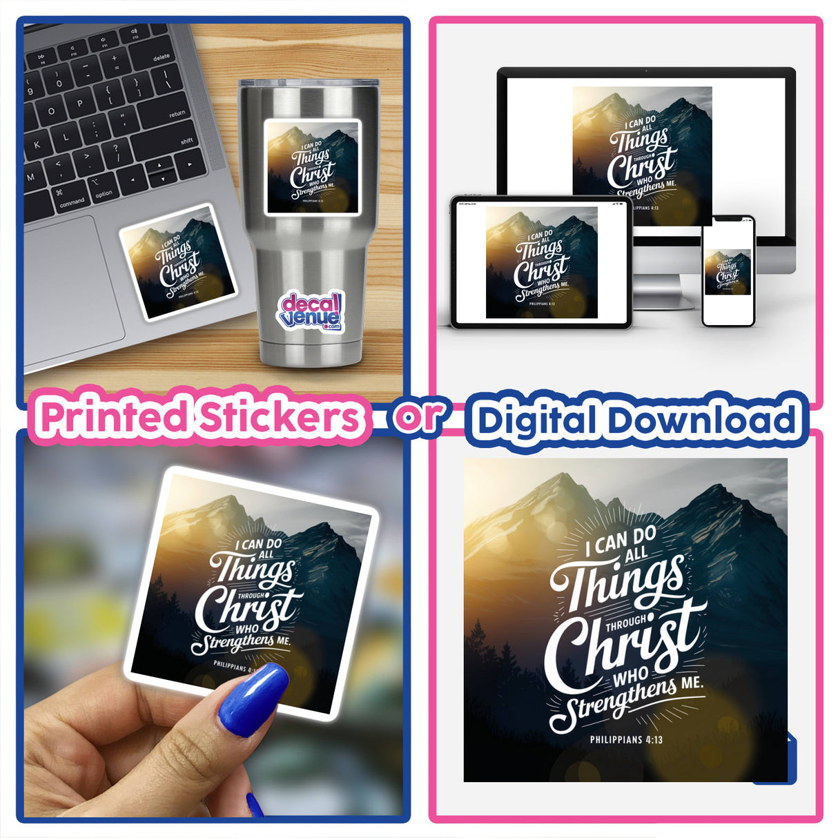 Philippians 4:13 inspirational quote on laptop stickers and digital artwork, featuring a collage of devices, representing perseverance and faith, available from Decal Venue.