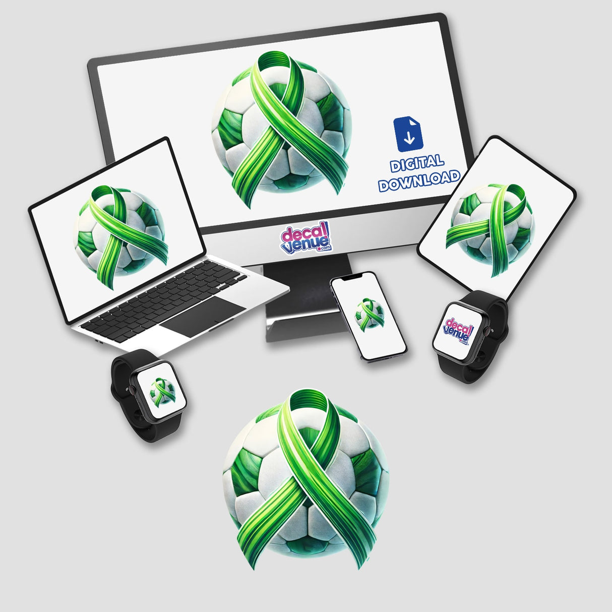 Soccer Ball Green Ribbon sticker or digital artwork featuring a laptop, smartwatches, and a monitor, available at Decal Venue.