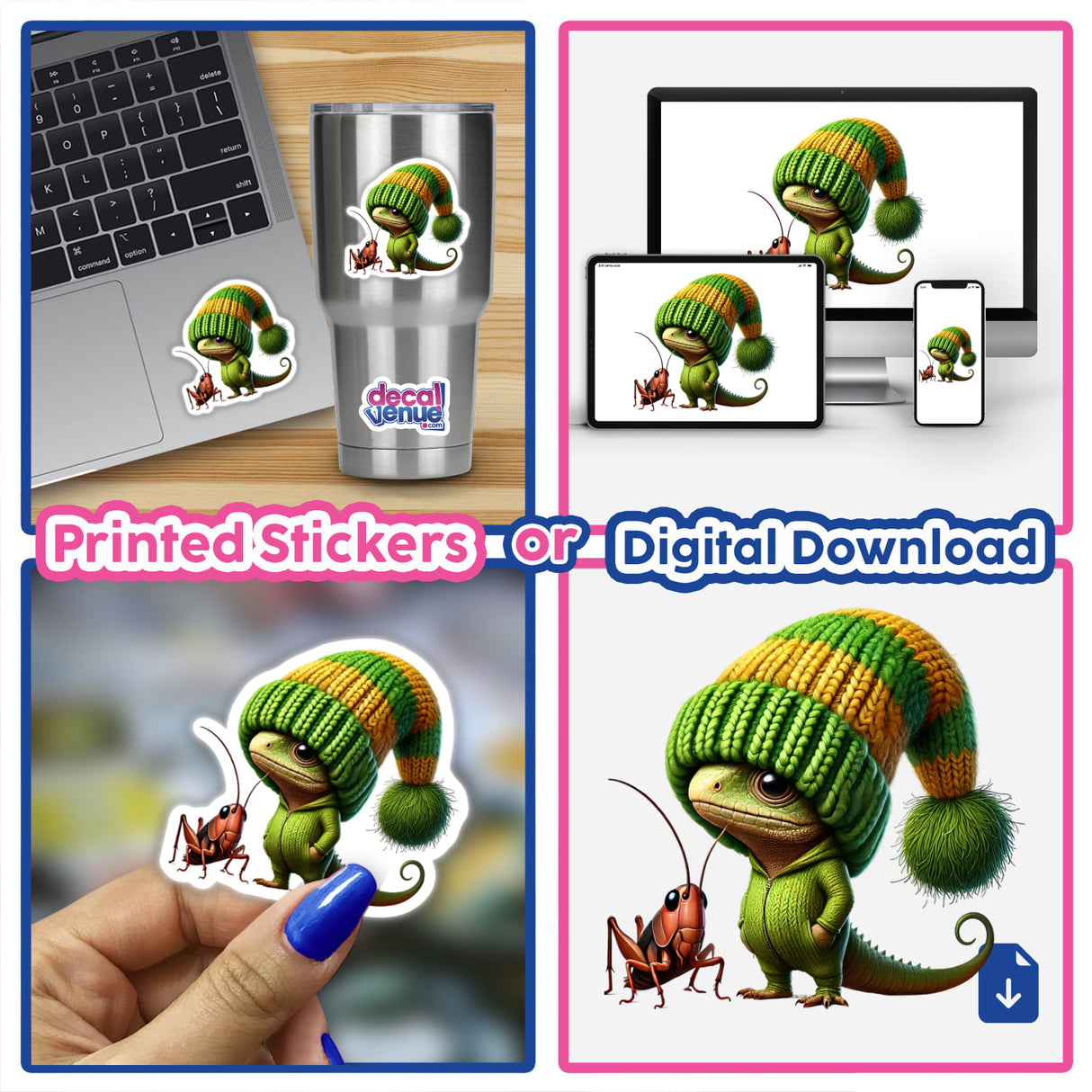 Lizard Gnome with Cricket available as Stickers or Digital Art, featuring a cute lizard in a striped beanie with a cricket, shown on various devices and surfaces.