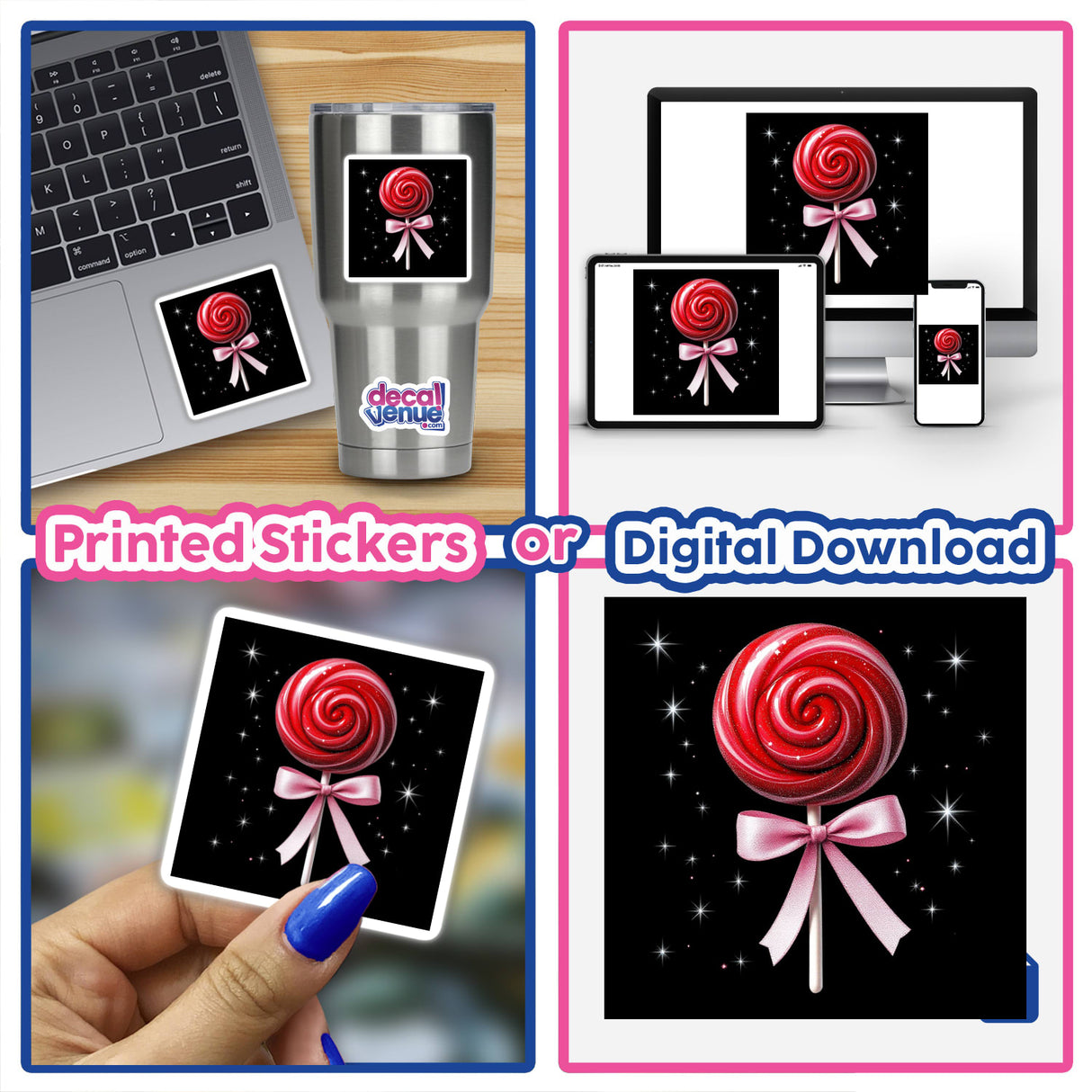 Collage showcasing a Red Lollipop with Pink Ribbon and Silver Stars, available as stickers or digital artwork.
