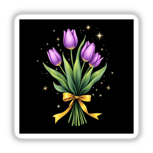 Purple Tulip Bouquet with Yellow Ribbon and Silver Stars features a vibrant arrangement of purple flowers, accented by a yellow bow, ideal as unique stickers or digital artwork from Decal Venue.