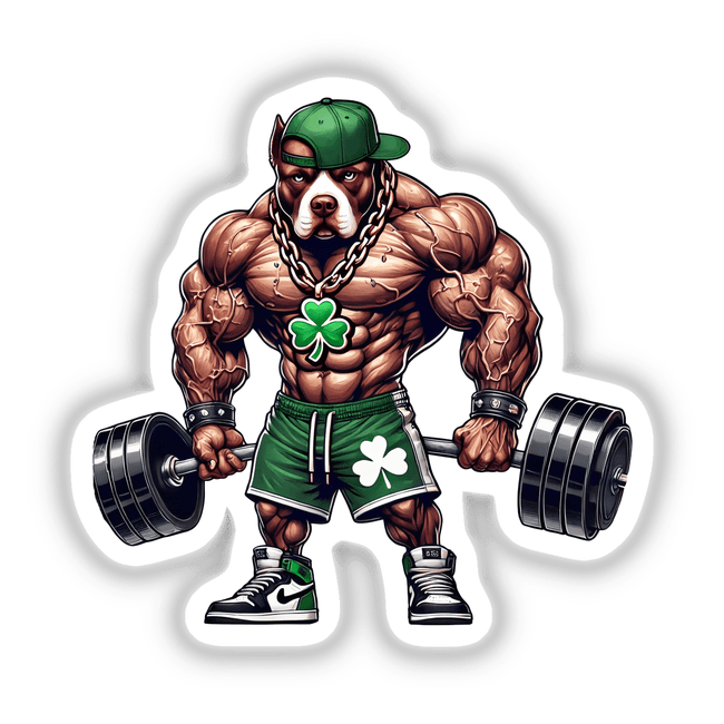 Irish Pitbull Muscular Hip Hop Workout Dog cartoon featuring a muscular dog lifting weights, available as stickers or digital artwork. Perfect for sport and bodybuilding enthusiasts.