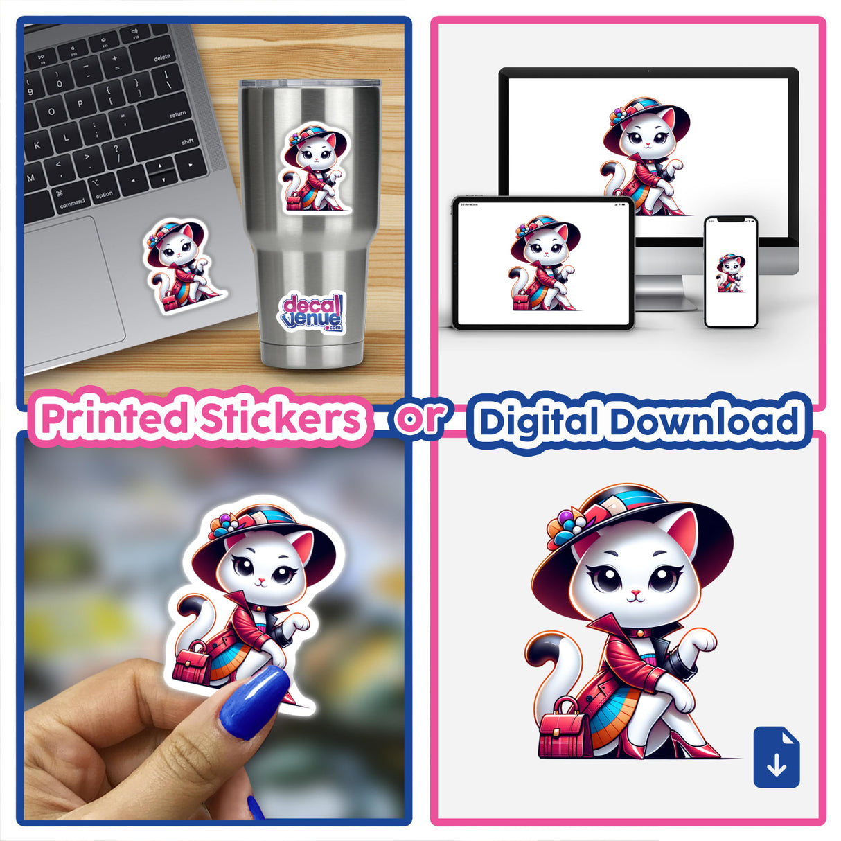 Collage featuring Trendy Cat stickers and digital artwork, including a cartoon cat on a laptop, cup, and devices, plus a hand holding a cat sticker.