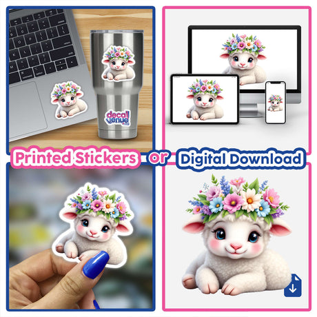 Adorable Lamb Adorned with a Blooming Floral Crown displayed as a whimsical vinyl sticker collage, featuring a playful lamb with a vibrant flower crown, perfect for adding charm to any space.
