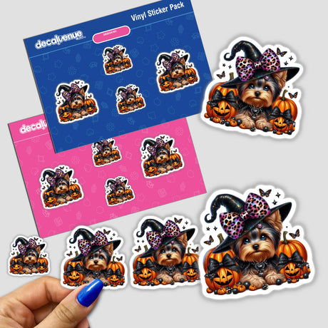 Adorable Halloween-themed digital artwork featuring a Yorkie dog wearing leopard and black bows, surrounded by pumpkins, against a pink and blue background. The image showcases a vinyl sticker pack sold by Decal Venue, an online store offering unique stickers and digital art.