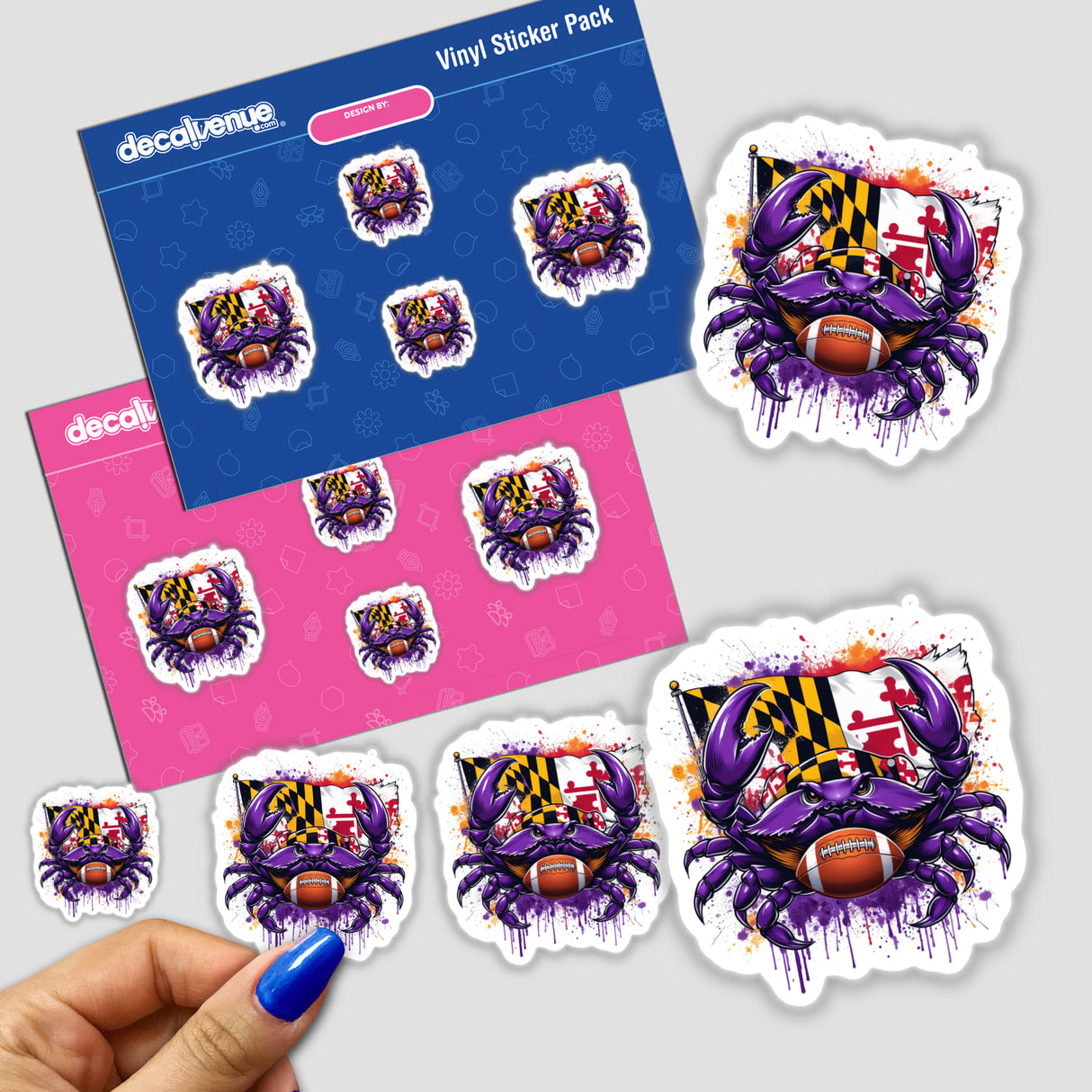 Purple Crab and Football Maryland Flag Splatter sticker, featuring a purple crab holding a football and flag, showcased on a hand.