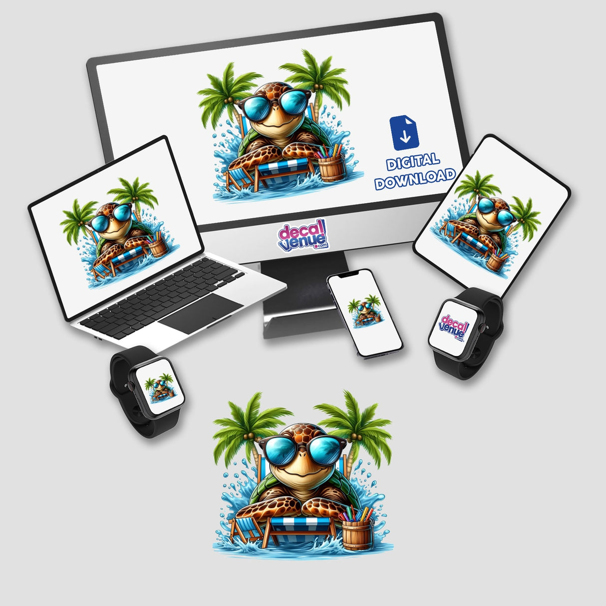Sunbathing Tropical Sea Turtle featured on a computer monitor and laptop screen, showcasing a playful turtle wearing sunglasses on a deck chair. Available as unique stickers or digital artwork.