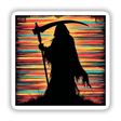 Grim Reaper Silhouette with Bold Stripes Halloween: Silhouette of a grim reaper holding a scythe, available as stickers or digital artwork.