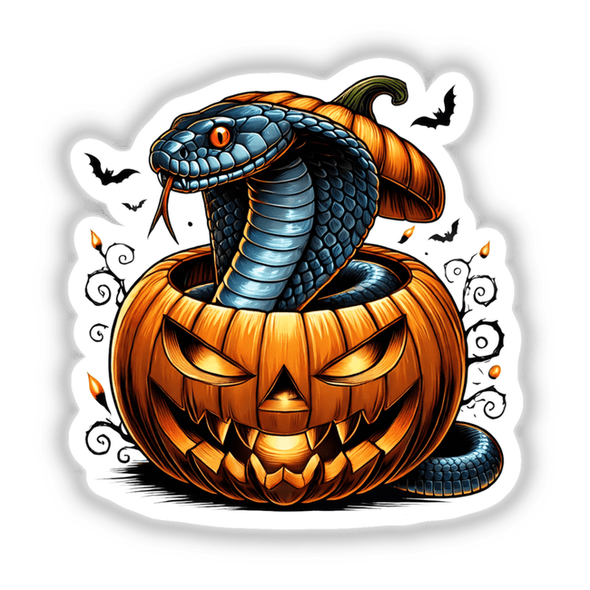 Creepy cobra snake peeking out of spooky jack-o'-lantern, Halloween digital artwork