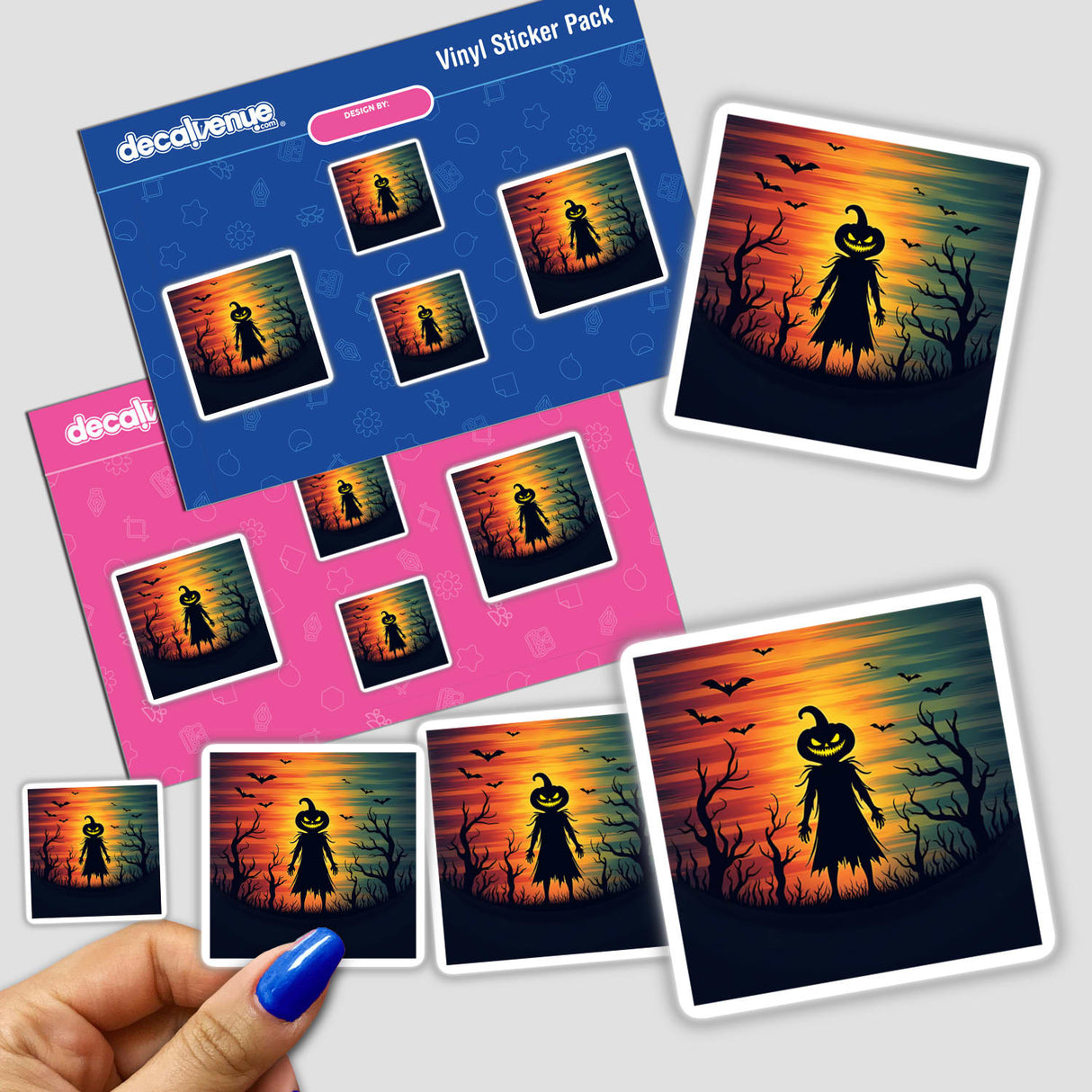 Hand holding Evil Pumpkin Silhouette with Bold Color Stripes Halloween stickers, featuring a person with a pumpkin head in various scenes. Suitable for stickers or digital artwork.