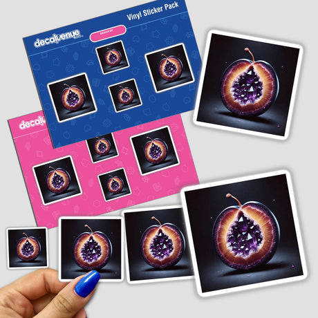 Hand holding Crystal Caverns Geode Inside a Plum stickers, featuring a plum with a crystal-filled interior. Available as Stickers or Digital Artwork.