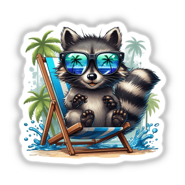 Happy Beach Raccoon Sitting in Beach Chair: A whimsical illustration of a raccoon with sunglasses relaxing in a chair, available as stickers or digital artwork from Decal Venue.
