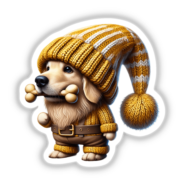 Golden Retriever Gnome with Dog Bone: A cartoon-style dog wearing a hat and sweater, holding a bone in its mouth, available as stickers or digital artwork.
