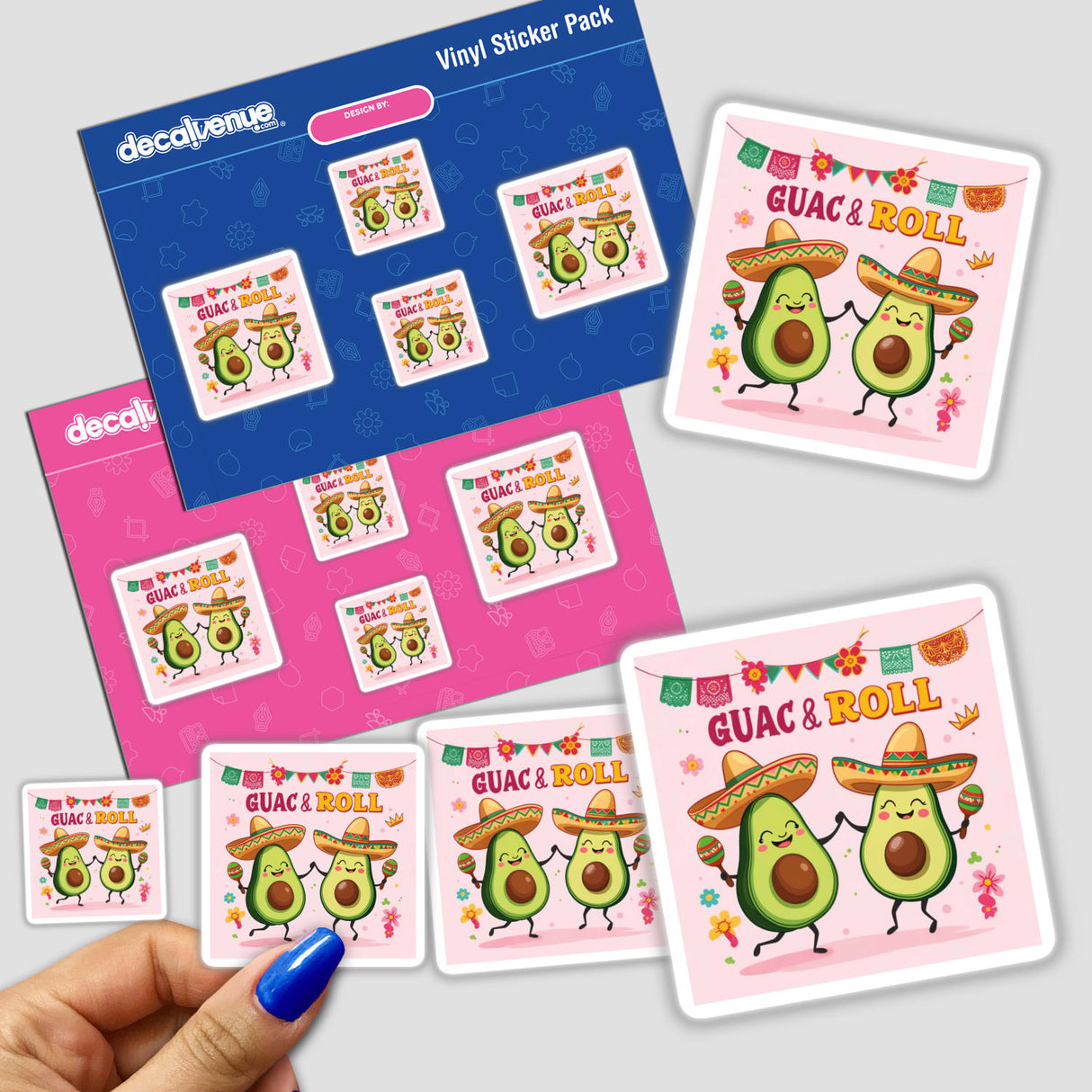 Cute Avocados with Sombreros Guac and Roll stickers featuring cartoon avocados dancing with maracas and sombreros, available as vinyl stickers or digital artwork.