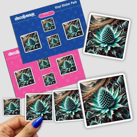 Hand holding a sticker pack featuring the Turquoise Thistle with Spiky Petals design from DecalVenue, showcasing unique botanical artwork for decoration.