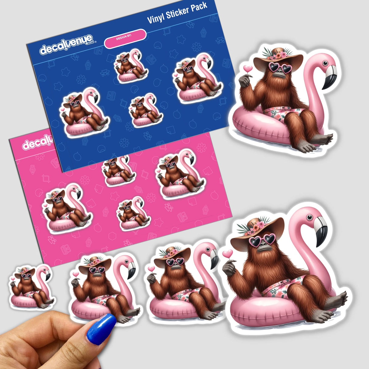 Sasquatch Chillin in Flamingo Float sticker features a cartoon animal wearing sunglasses and a hat, relaxing on a pink flamingo. Available from Decal Venue as a vinyl sticker or digital artwork.