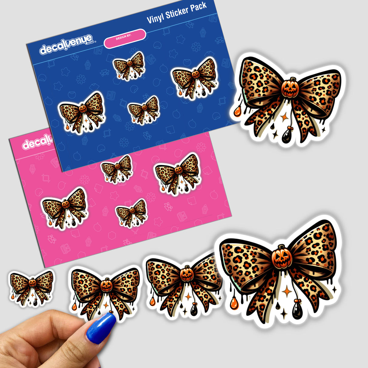 Leopard Coquette Halloween Pumpkin Bow stickers featuring leopard print designs and bows adorned with pumpkins. Available as stickers or digital artwork.