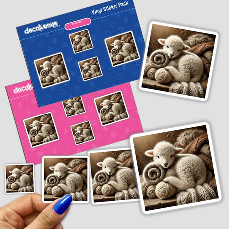 Sticker featuring a baby lamb lying on knitted scarves, available as stickers or digital artwork at Decal Venue.