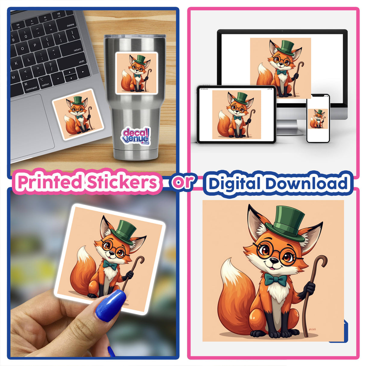 Dapper Fox with Monocle and Green Top Hat sticker, featuring a cartoon fox wearing a hat and glasses, displayed on a laptop and held in a hand, available as unique stickers or digital artwork.