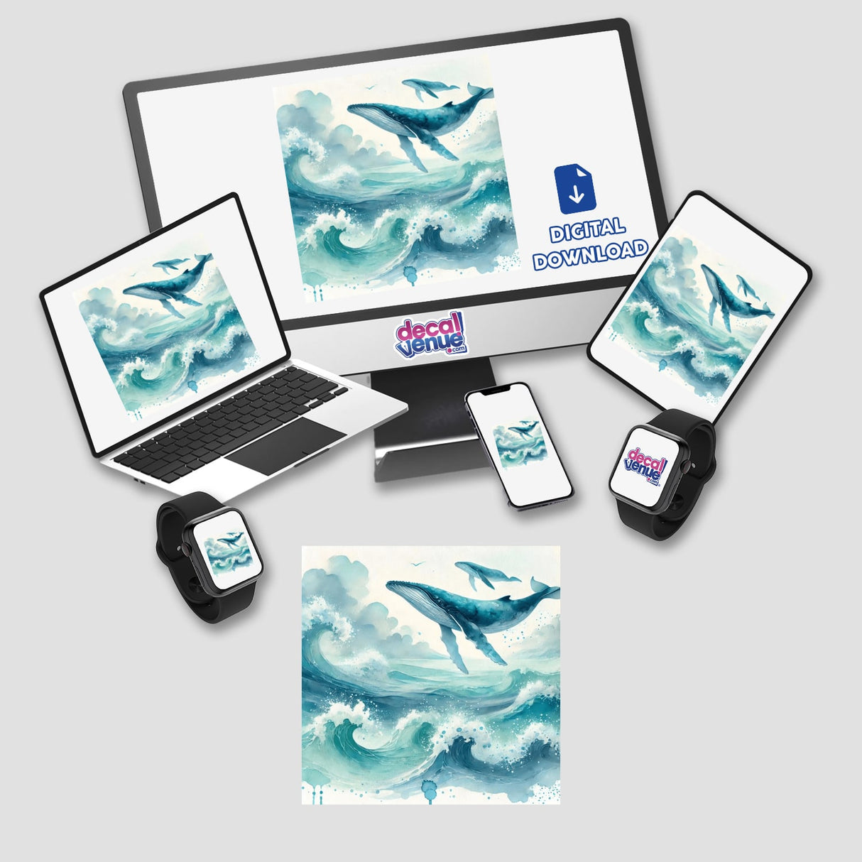 Ocean Dreamscape - Waves and Whales in Watercolor: A computer monitor and laptop display vibrant watercolor whales in a serene ocean scene, perfect for marine-themed stickers and digital downloads.