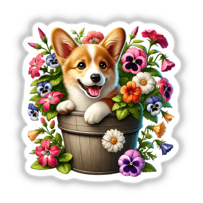 Corgi Dog Peeking Out of Flower Pot
