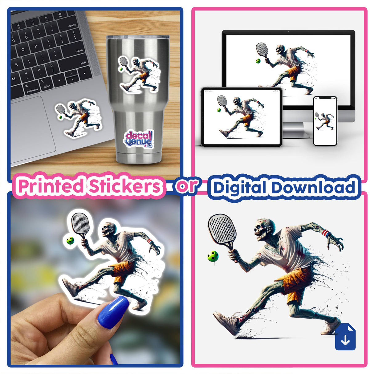 Zombie Playing Pickleball stickers and digital art displayed on various items including a laptop, tumbler, tablet, and phone.