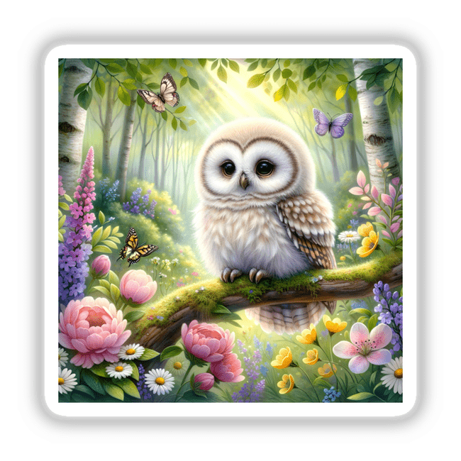 Owl in a Lush Forest Watercolor Illustration featuring a white owl perched on a branch, surrounded by vibrant flowers, with a butterfly in flight. Available as stickers or digital artwork.
