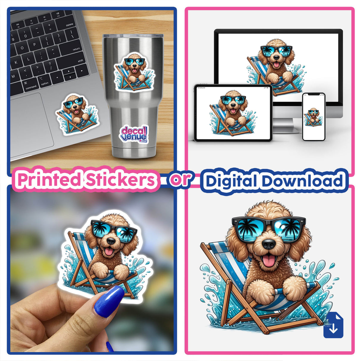 Peeking Golden Doodle Sitting in Beach Chair sticker shows a cartoon dog wearing sunglasses, comfortably seated. Available as stickers or digital artwork, reflecting Decal Venue's unique vinyl sticker collection.