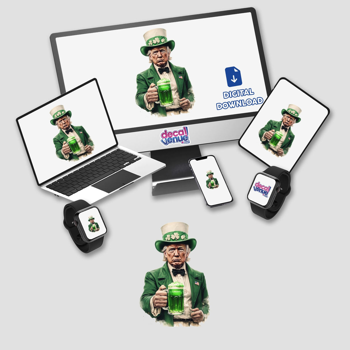 Leprechaun Trump Holding Green Beer depicted on a computer monitor and laptop, available as stickers or digital artwork, featuring a man in a green suit with a green beverage.