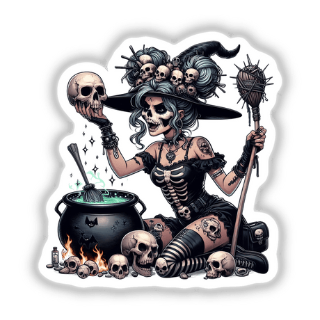 Hocus Pocus Skeleton Mama Witch cartoon featuring a character with skulls, a broomstick, and a cauldron, available as stickers or digital artwork from Decal Venue.
