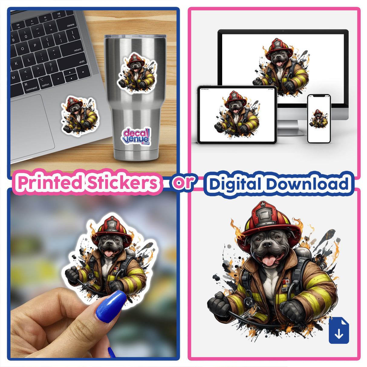 Firefighter Pitbull Dog sticker depicted as a cartoon dog in a firefighter uniform, highlighting its whimsical charm. Available as a sticker or digital artwork from Decal Venue.