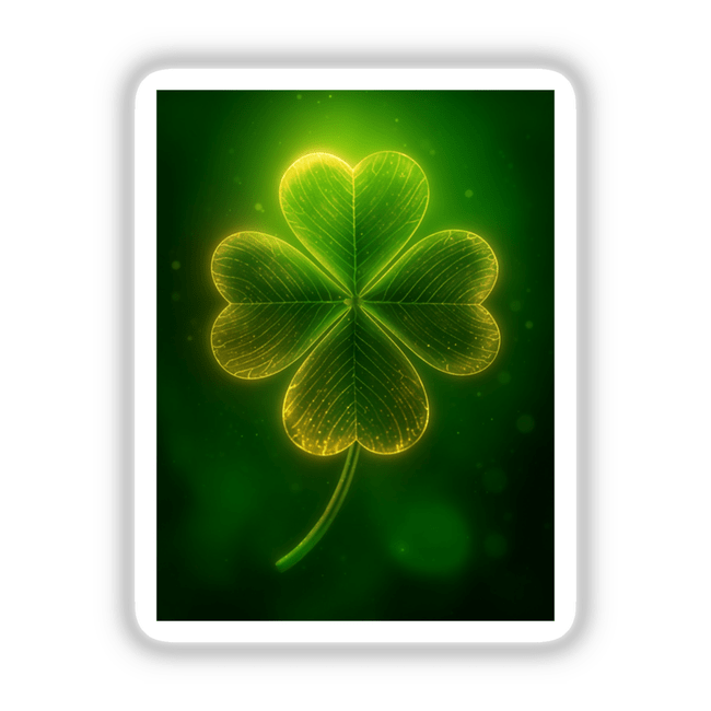 Glowing Four-Leaf Clover – Radiant Green Shamrock with Golden Highlights, digitally rendered with a luminous effect, available as stickers or digital artwork. Ideal for unique decor from Decal Venue.