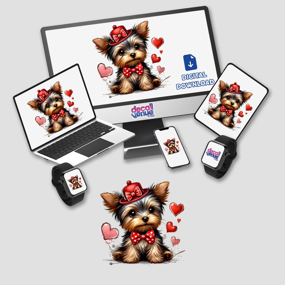 Floating Hearts Yorkie Dog digital artwork displayed on a computer monitor and laptop, featuring a Yorkie wearing a hat and bow tie, available as stickers or digital downloads.