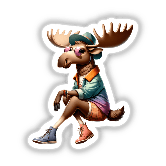 Moose in Fashionable Clothing: A cartoon moose dancing in trendy attire, available as stickers or digital artwork.