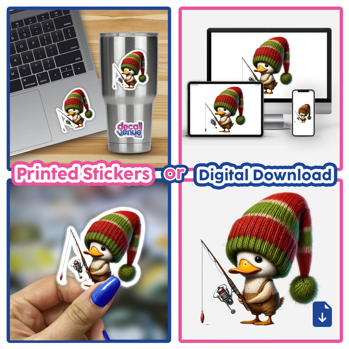 Duck Gnome Fishing sticker featuring a cartoon duck wearing a hat and holding a fishing pole, shown on various devices like a laptop and phone.
