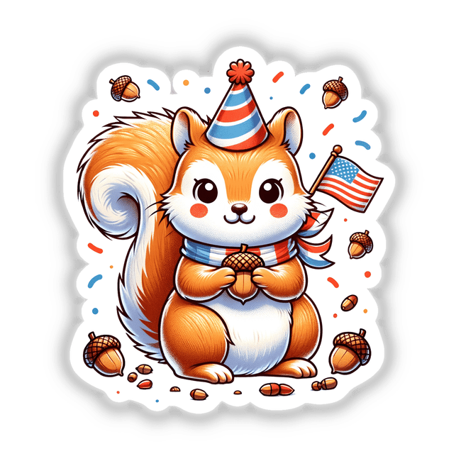 Patriotic Squirrel with Acorns and American Flag