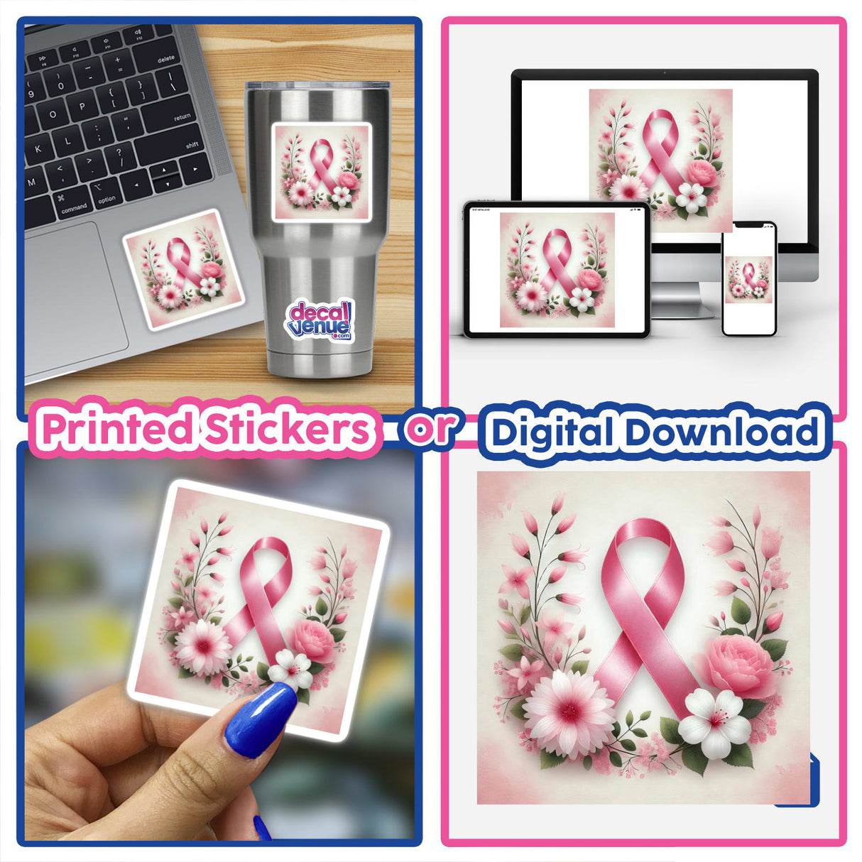 Breast Cancer Awareness - Pink Ribbon with Delicate Flowers: A collage featuring pink ribbons and flowers, including a mug, laptop, and phone adorned with the design, available as stickers or digital artwork.