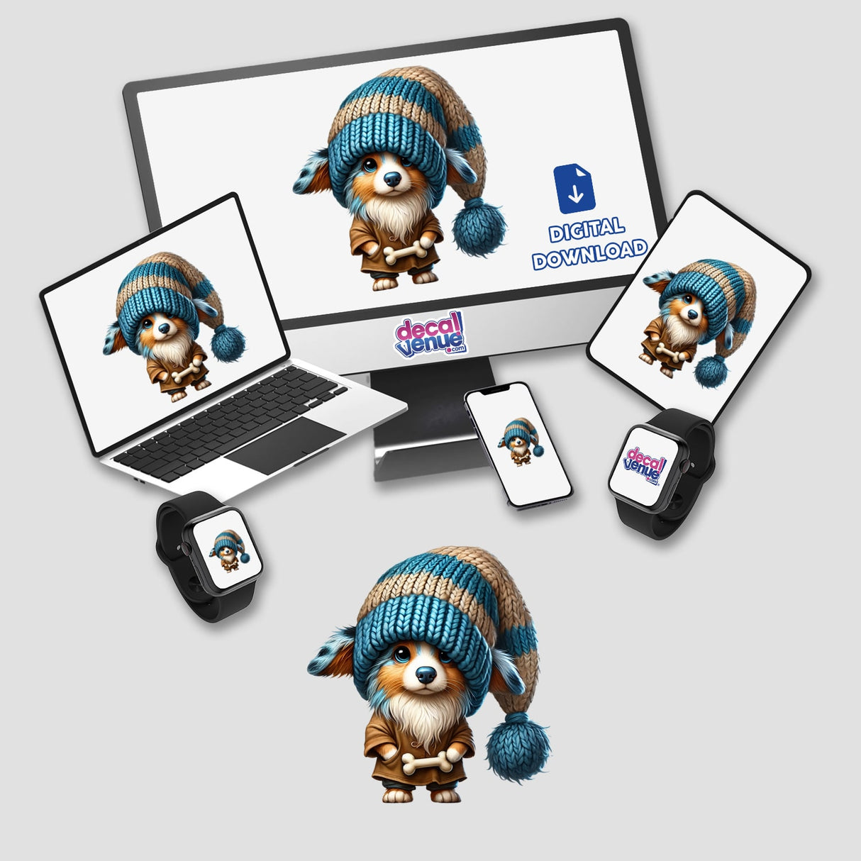 Australian Shepherd Gnome Holding Dog Bone displayed on computer monitor and laptop. Available as stickers or digital artwork from Decal Venue.
