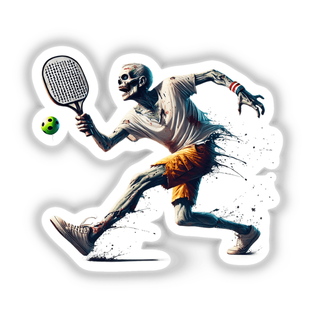Zombie Playing Pickleball sticker or digital artwork featuring a cartoon skeleton with a paddle and ball.