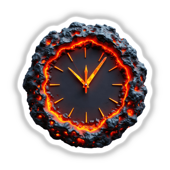 Molten Lava Clock featuring a striking design with orange accents, available as stickers or digital artwork, embodying Decal Venue's unique creative flair.