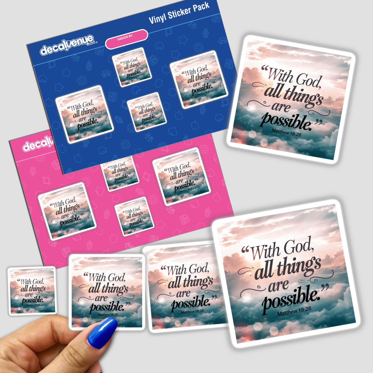 Hand holding a sticker pack titled With God, all things are possible. Matthew 19:26, featuring various designs and text elements, available as stickers or digital artwork from Decal Venue.
